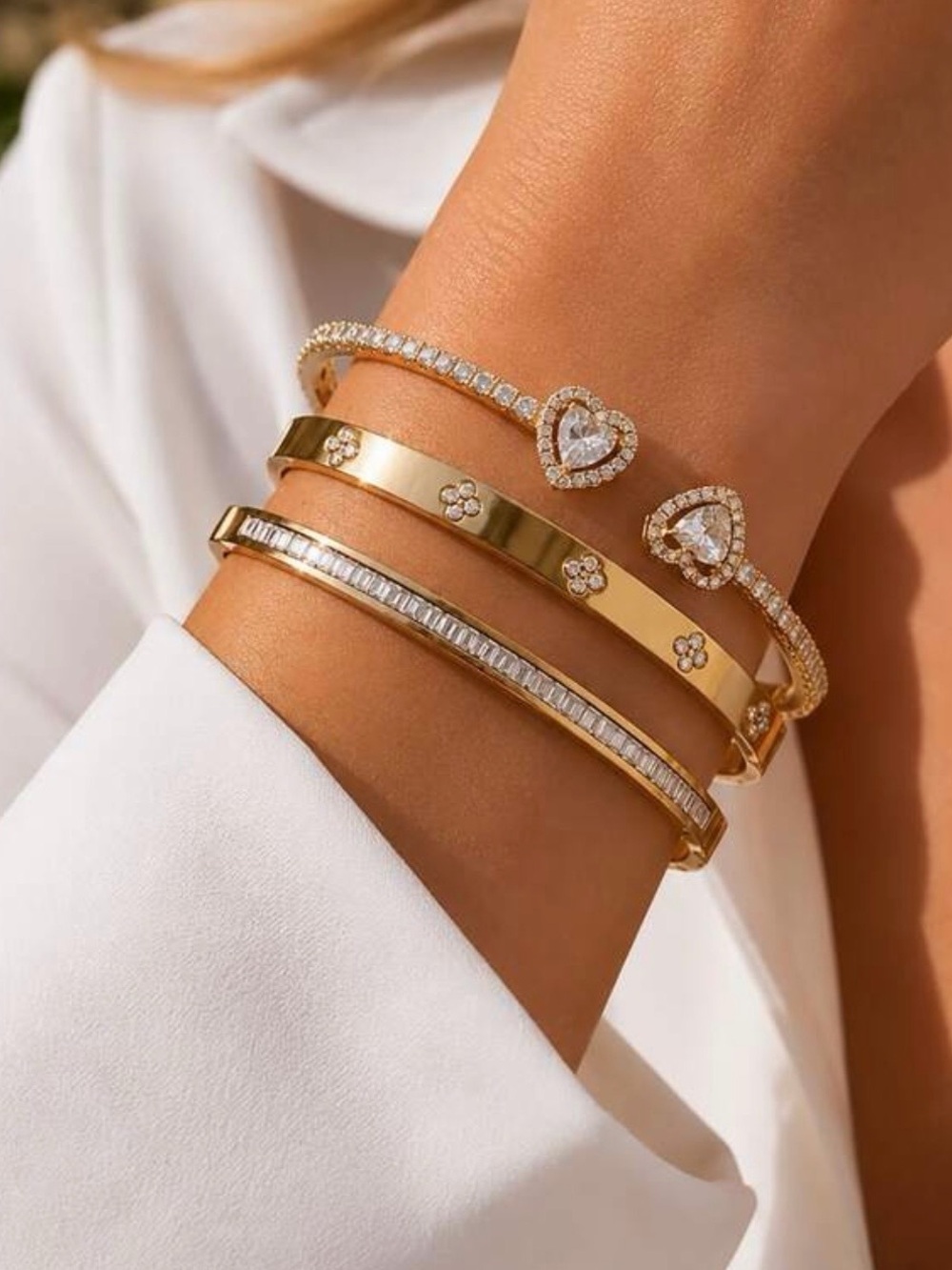 Gold Heart Crystal Stackable Bangle Bracelet Set